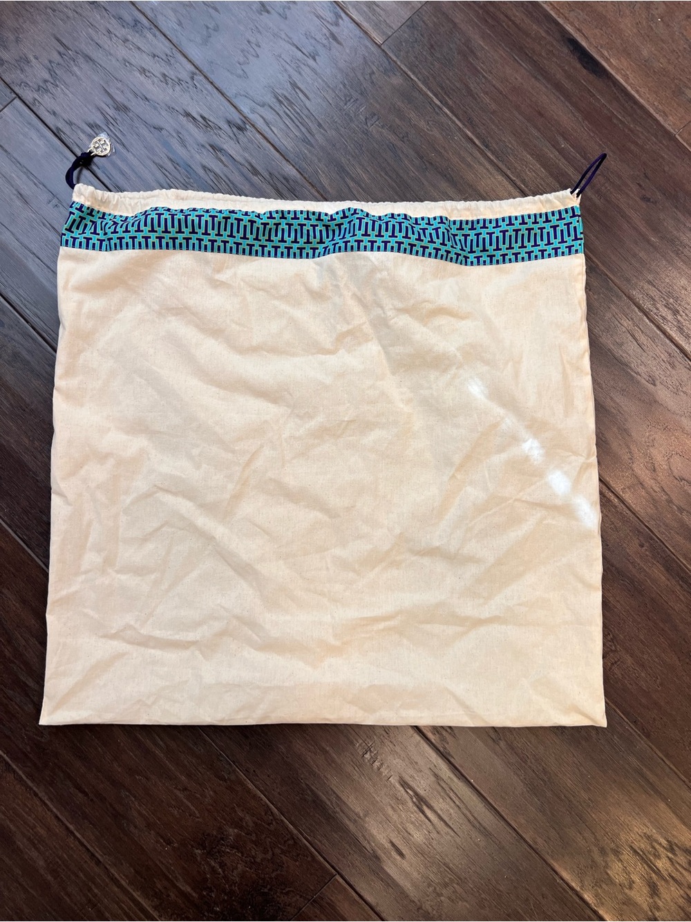 Tory Burch Cream Drawstring Dust Bag with Turquoise Trim